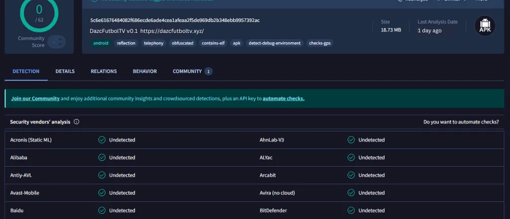 DazcFutbolTV apk virustotal